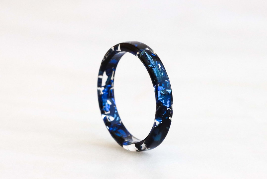 Nature Inspired Resin Ring With Blue Flakes, Thin Ring, Clear Ring Band