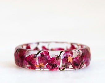 Resin Ring with Pressed Pink Flowers and Silver/Gold/Copper Flakes, Faceted Ring, Nature Inspired Floral Jewelry, Valentine's Day Gift