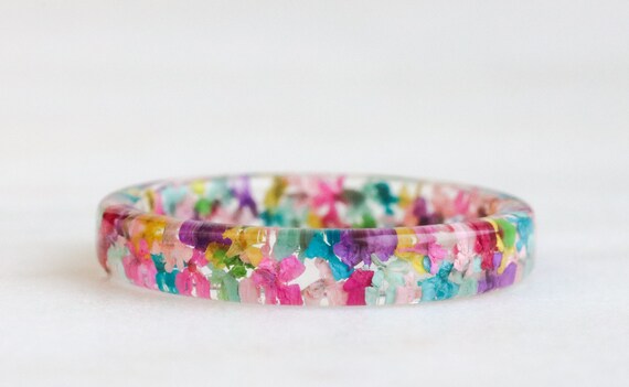 Thin Resin Ring With Dried Multicolor Flowers Clear Ring - Etsy