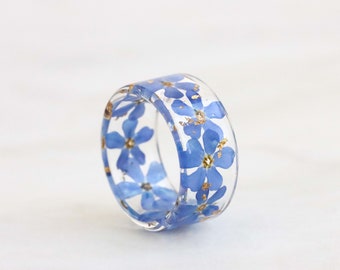 Resin Ring with Pressed Blue Forget-Me-Not Flowers and Gold/Silver/Copper Flakes, Wide Ring Band, Birthday Gift