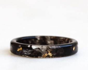 Thin Resin Ring - Black Ring with Gold/Silver/Copper Flakes - Transparent Ring