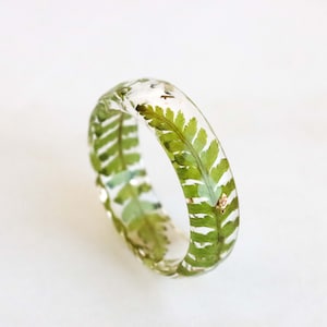 Forest Fern Ring, Real Pressed Green Leaves and Silver/Gold/Copper Flakes, Nature Inspired Jewelry, Faceted Ring, Holiday Gift