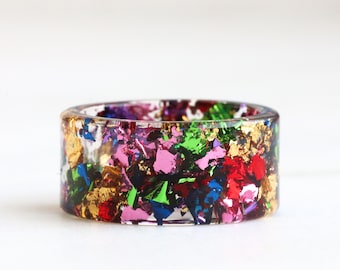 High-Shine Resin Ring, Wide Clear Ring with Multicoloured Metal Flakes, Gift for Her, Mother's Day Gift