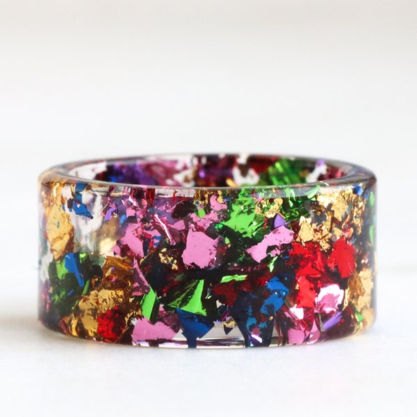 High-Shine Resin Ring, Wide Clear Ring with Multicoloured Metal Flakes, Gift for Her, Mother's Day Gift
