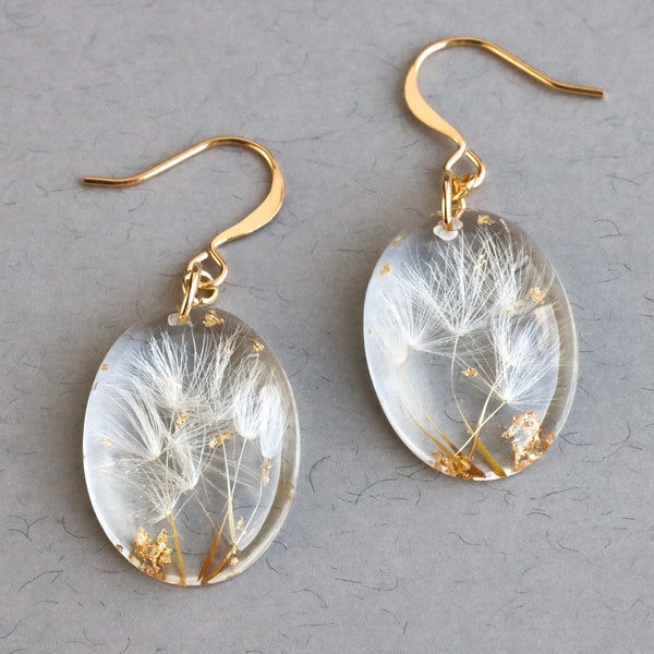 Dandelion Earrings with Gold Flakes, Nature Inspired Jewelry, Transparent Color Oval Earrings, Unique Birthday Gift, Mother's Day Gift