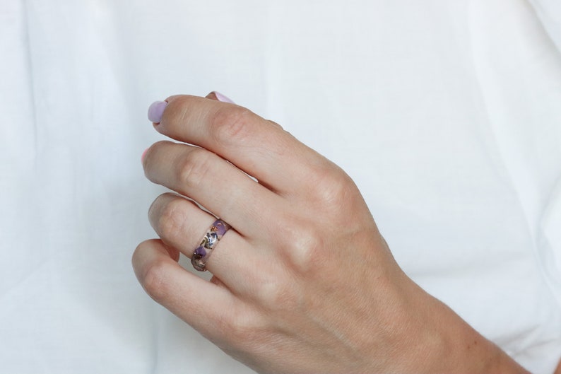 Lavender Resin Ring with Pressed Flowers and Leaves Dried Lavender Clear Blue Purple Green Ring Real Flowers Inside image 3