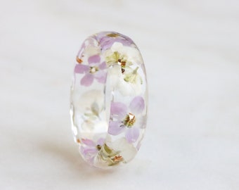 Resin Ring with Pressed Pink Forget-Me-Not, White Alyssum Flowers and Silver/Gold/Copper Flakes, Nature Inspired Mother's Day Gift