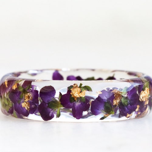 Nature Resin Ring With Pressed Light Purple Flowers and Gold Etsy