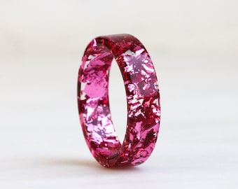 Pink Resin Ring, Clear Ring with Metal Flakes Inside, High-Shine Ring, Mother's Day Gift, Stackable Ring