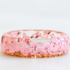 Pink Ring with Pressed Queen Anne's Lace Flowers and Gold/Silver/Copper Flakes, Nature Inspired Band, Real Flowers Inside