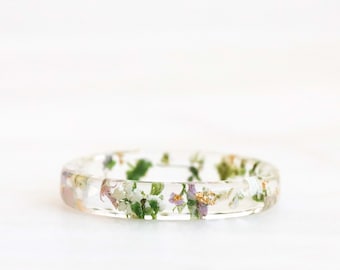 Queen Anne's Lace Slim Band, Clear Resin Ring with Metal Flakes