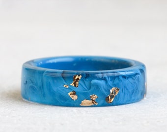 Blue Resin Ring with Gold/Silver/Copper Flakes, Non-Faceted Resin Ring, Nature Inspired Handmade Jewellery, Cool Mother's Day Gift