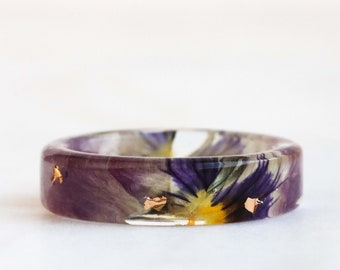 Pansy Resin Ring With Real Puple Petals and Gold/Silver/Copper Flakes Inside, Nature Inspired Handmade Jewelry, Summer Jewelry