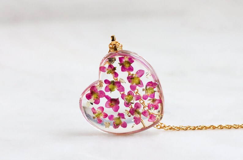 Pendant Necklace with Pink Alyssum Flowers Inside, Gold Chain Necklace, Mother's Day Gift, Stacked Necklace, Nature Inspired Jewelry image 1