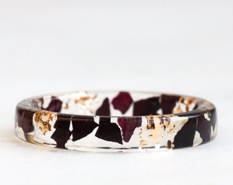 Resin Ring with Pressed Dark Plum Petals and Gold/Silver/Copper Flakes - Clear Thin Ring - Resin Jewelry