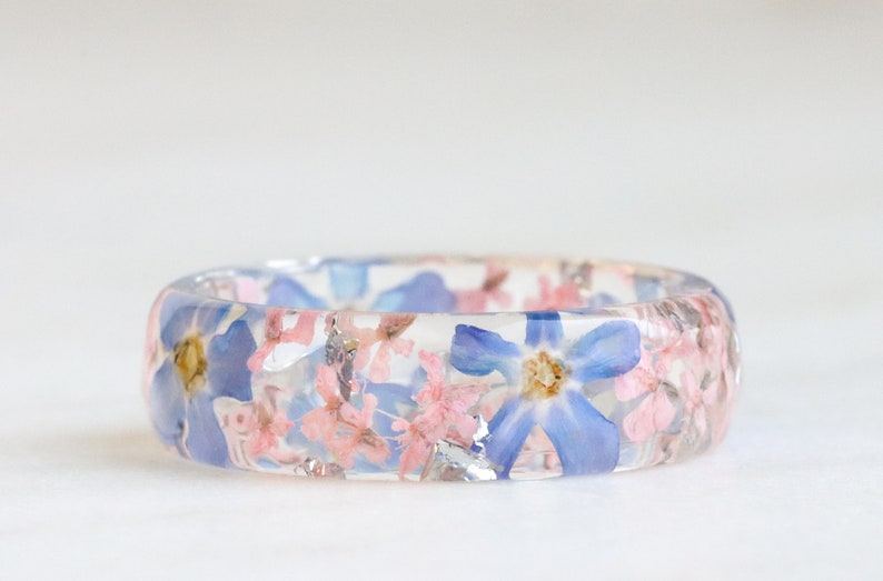 Resin Ring with Pressed Blue Forget-Me-Not, Pink Queen Anne's Lace Flowers and Silver/Gold/Copper Flakes, Nature Inspired Jewelry image 5