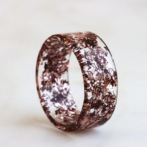 Resin Ring Band with Rose Gold Flakes, Metal Flakes Ring, Nature Inspired Gift, Wide Ring, Mother's Day Gift