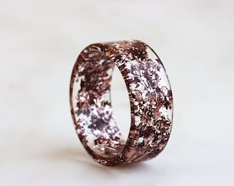 Resin Ring Band with Rose Gold Flakes, Metal Flakes Ring, Nature Inspired Gift, Wide Ring, Mother's Day Gift