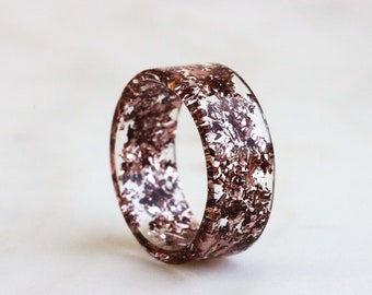 Resin Ring Band with Rose Gold Flakes, Metal Flakes Ring, Nature Inspired Gift, Wide Ring, Mother's Day Gift