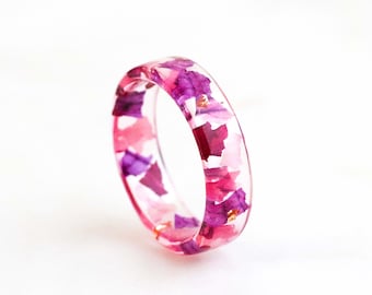 Pink Orchid Resin Ring with Real Pressed Petals and Gold/Silver/Copper Flakes, Nature Inspired Clear Ring, Gift for Her