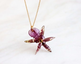 Ketting met echte orchidee, rozegele bloem met vergulde ketting