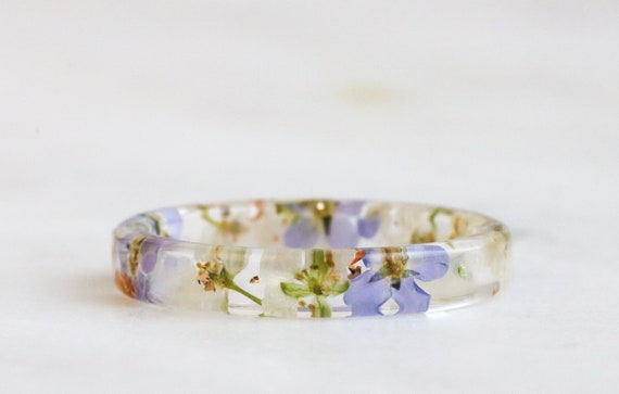 Floral Resin Ring, Clear Resin Ring Band With Pressed Forget-me