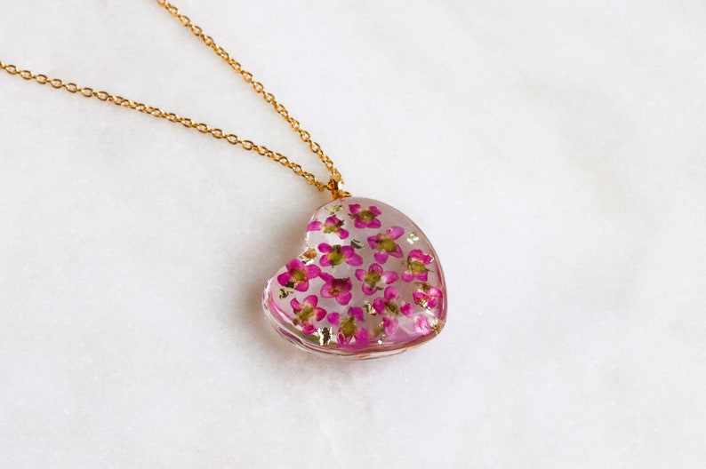 Pendant Necklace with Pink Alyssum Flowers Inside, Gold Chain Necklace, Mother's Day Gift, Stacked Necklace, Nature Inspired Jewelry image 5