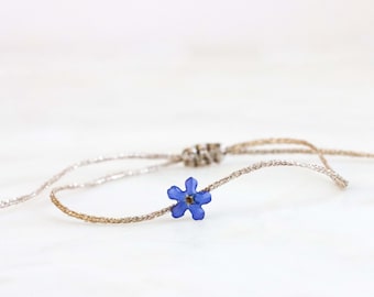 Pendant Bracelet with Real Pressed Blue Forget-Me-Not Flower, Textile Cord, Friendship Gift, Shimmering Gold String, Nature Inspired Jewelry