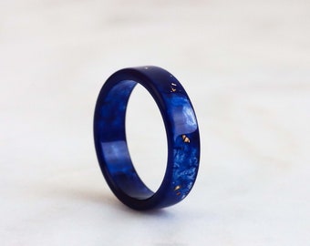 Blue Resin Ring with Gold/Silver/Copper Flakes, Non-Faceted Resin Ring, Mother's Day Gift