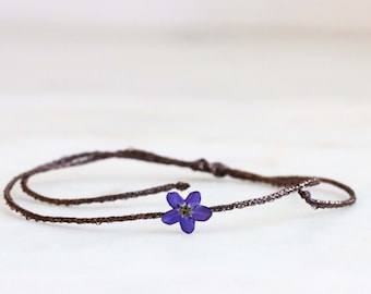 Pendant Bracelet with Real Pressed Purple Forget-Me-Not Flower, Textile Cord, Friendship Gift, Shimmering Brown String, Nature Inspired