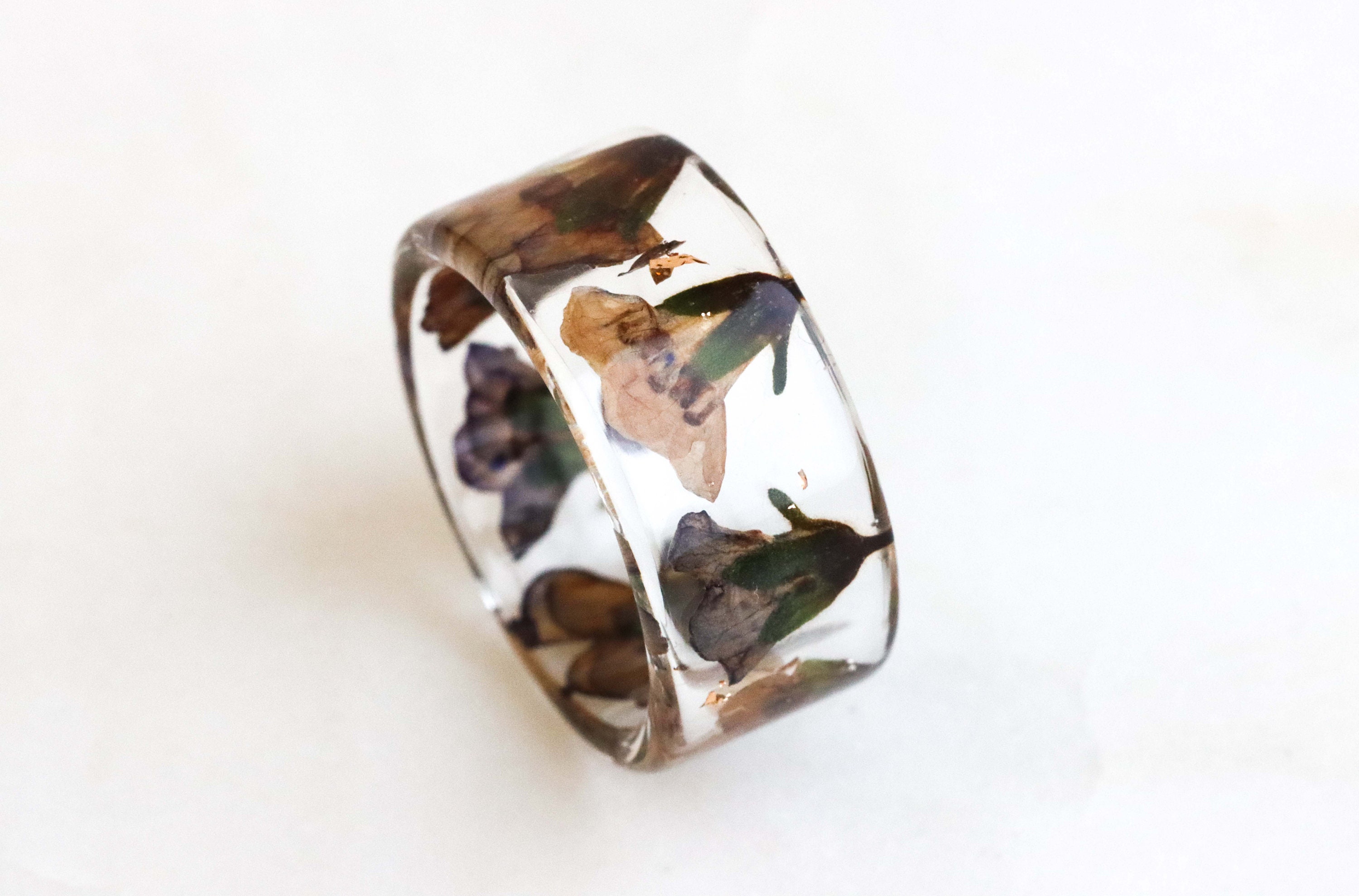 Brown Floral Ring, Wide Resin Band With Real Pressed Flowers