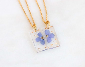 Forget-Me-Not Necklace Set, Real Flower Resin Pendants, Couple Jewelry