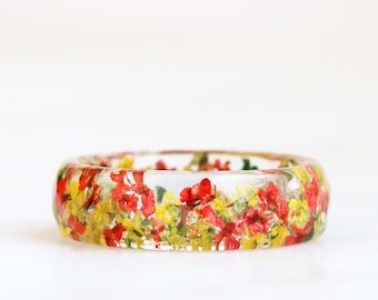 Resin Ring with Pressed Yellow, Red Queen Anne's Lace Flowers and Silver/Gold/Copper Flakes, Faceted Ring, Valentine's Day Gift