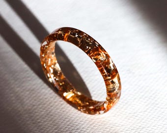 Nature Inspired Resin Ring with Gold Flakes: Thin Stackable Band