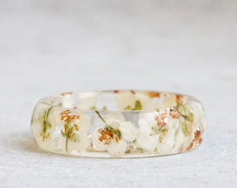 Faceted Resin Ring with White Alyssum Flowers and Gold/Silver/Copper Flakes, Nature Inspired Jewelry, Mother's Day Gift