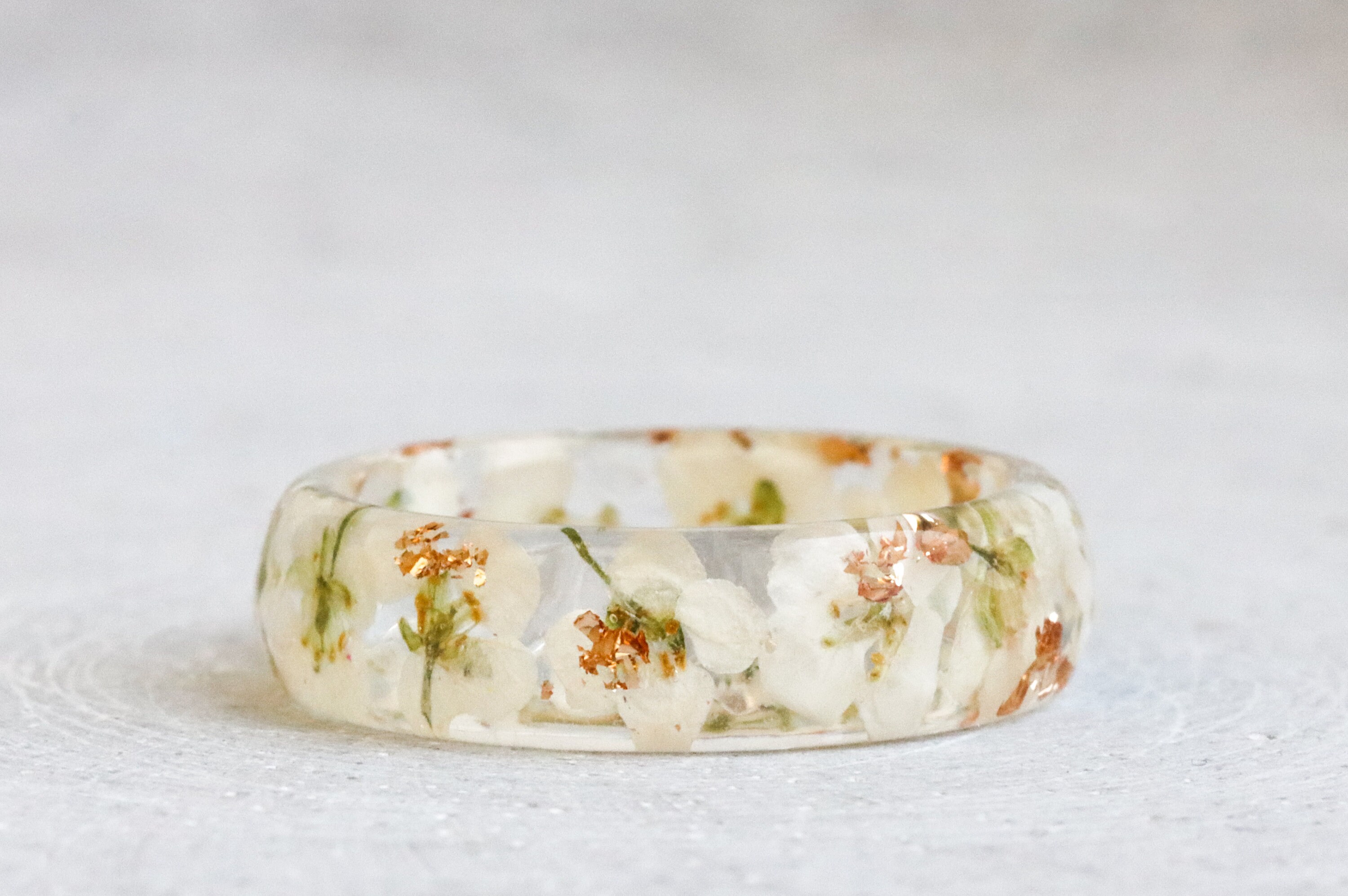 Faceted Resin Ring with White Alyssum Flowers and Gold/Silver/Copper Flakes, Nature Inspired Jewelry, Mother's Day Gift