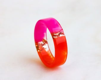 Two-Sided Pink Orange Resin Ring, Nature Inspired Band with Gold/Silver/Copper Flakes, Chunky Ring, Mix-And-Match Jewelry