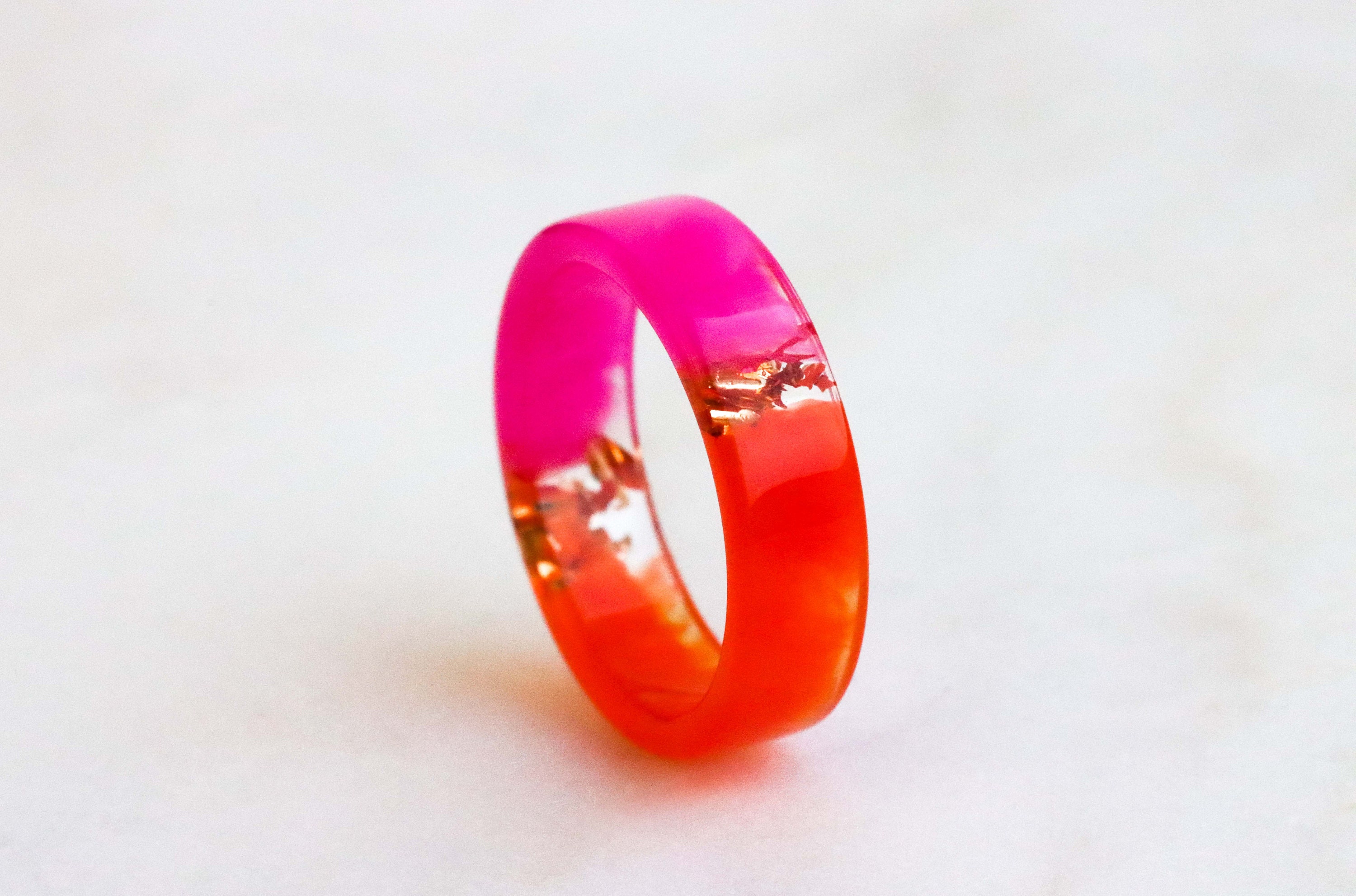 Two-Sided Pink Orange Resin Ring, Nature Inspired Band with Gold/Silver/Copper Flakes, Chunky Ring, Mix-And-Match Jewelry