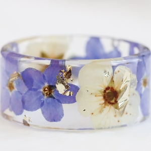 Resin Ring with Pressed Purple Forget-Me-Not and White Spiraea Flowers, Wide Ring with Real Flowers, Transparent Ring