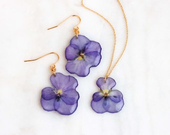 Real Pansy Jewelry Set, Pressed Flower Earrings and Necklace, Mother’s Day Gift