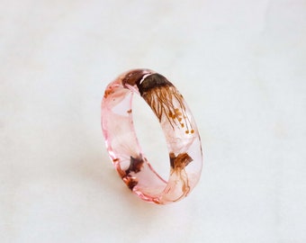 Cherry Blossom Ring, Elegant Faceted Resin Ring with Real Petals and Metallic Flakes, Nature Inspired Jewelry