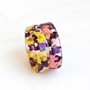 Resin Ring With Real Alyssum Flowers and Gold/Silver/Copper Flakes Inside, Nature Inspired Handmade Jewelry, Valentine's Day Gift image 5