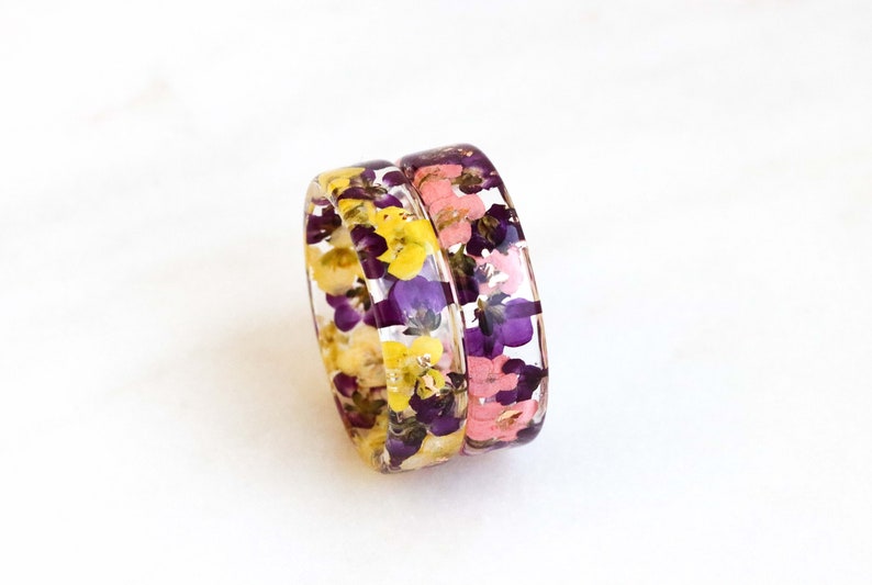 Resin Ring With Real Alyssum Flowers and Gold/Silver/Copper Flakes Inside, Nature Inspired Handmade Jewelry, Valentine's Day Gift image 5