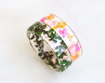 Set of Two Rings with Dried Flowers, Petals and Gold/Silver/Copper Flakes, Resin Rings, Nature Inspired, Green Leaves, Pink Yellow Flowers