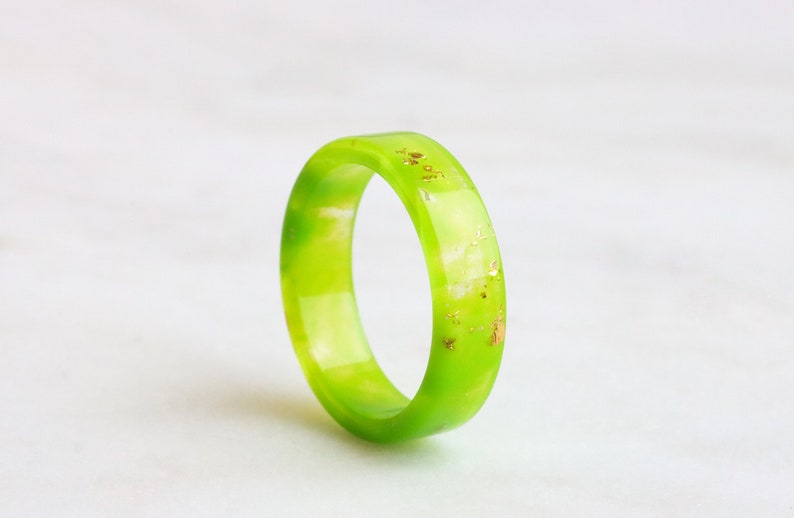 Lime Green Resin Ring with Gold/Silver/Copper Flakes, Non-Faceted Resin Ring, Nature Inspired Handmade Jewellery, Mother's Day Gift image 1