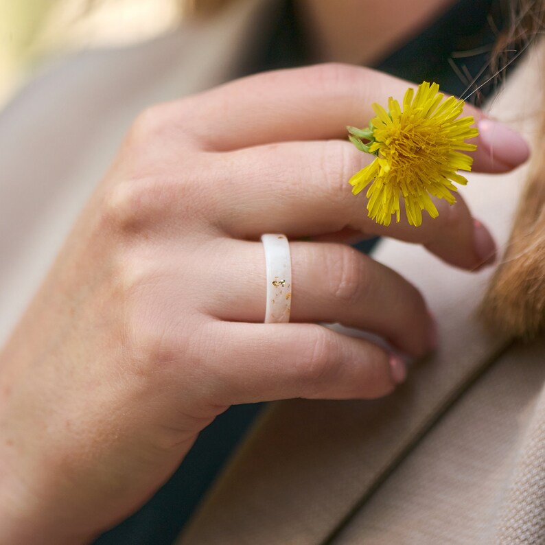 White Resin Ring with Gold/Silver/Copper Flakes, Resin Ring Band, Wedding Jewelry, Mother's Day Gift image 4