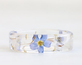 Resin Ring With Real Dandelion, Forget-Me-Not Flowers and Gold/Silver/Copper Flakes Inside - Nature Inspired Jewelry - Handmade Ring