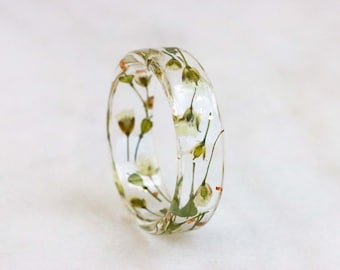 Resin Ring With Real White Flowers, Green Leaves and Gold/Silver/Copper Flakes Inside, Nature Inspired Handmade Jewelry, Summer Jewelry