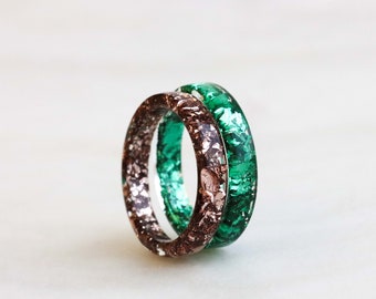 Set of Two Rings with Green and Rose Gold Flakes, Couple Rings, Nature Inspired Thin Rings, Birthday Gift