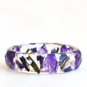 Lavender Resin Ring with Pressed Flowers and Leaves Dried Lavender Clear Blue Purple Green Ring Real Flowers Inside image 8